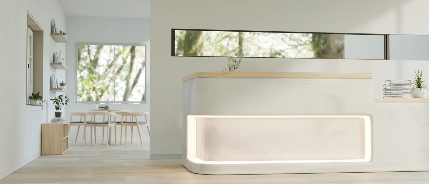 Modern white marble reception area