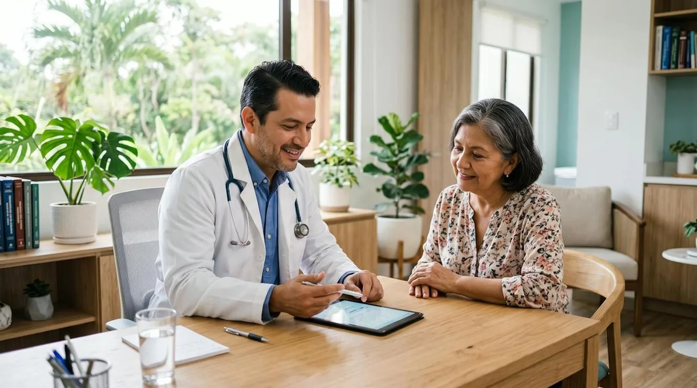 Doctor reviewing information on a tablet with a patient