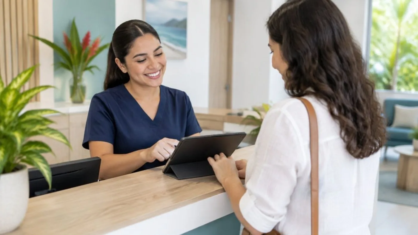 Clinic receptionist assisting a patient with a tablet